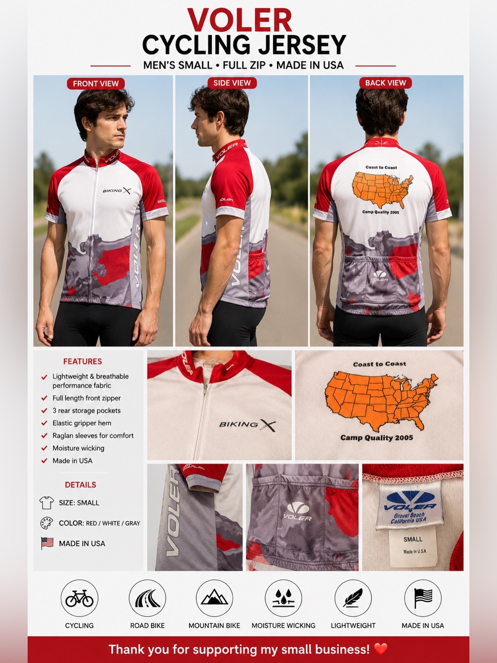 Voler Cycling Jersey Men's Small Red White Gray Full Zip Short Sleeve Made USA